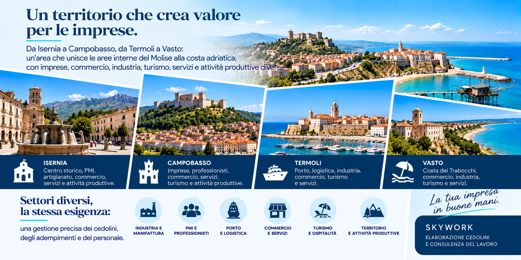 Imprese di Isernia, Campobasso, Termoli e Vasto - composizione grafica con artigianato, industria, porto, commercio, servizi e turismo tra Molise e Abruzzo