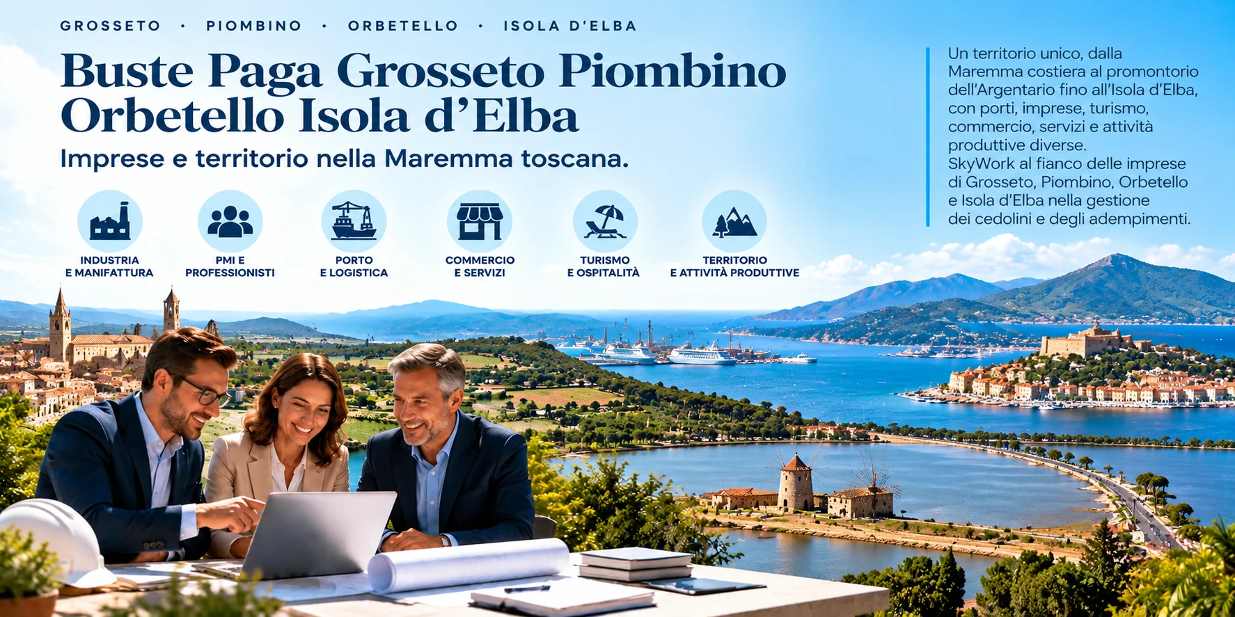 Buste Paga Grosseto Piombino Orbetello Isola d'Elba - consulenti al lavoro con vista su Maremma, porto di Piombino, laguna di Orbetello e Isola d'Elba